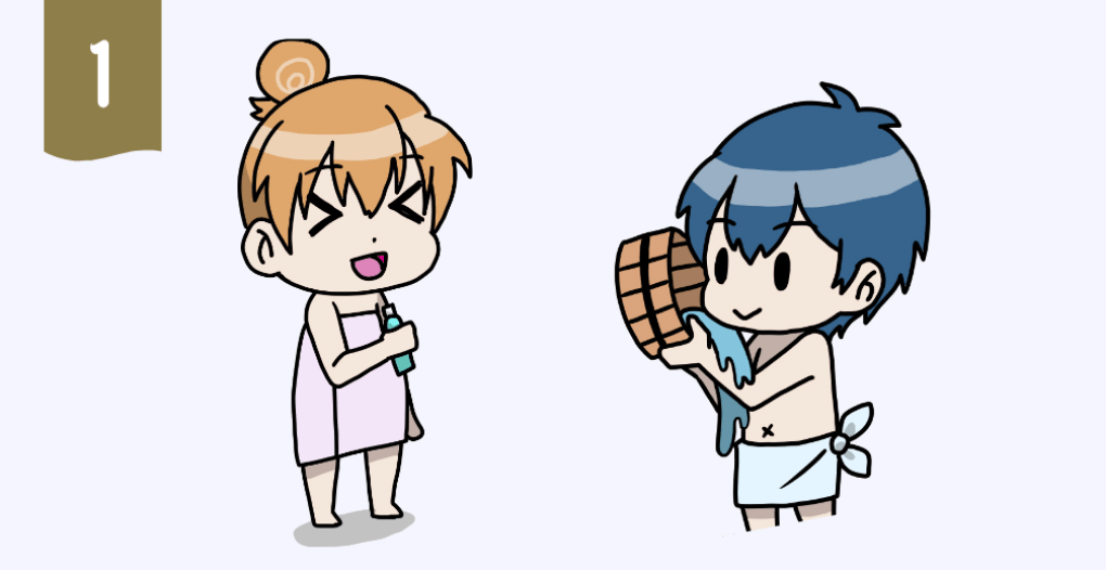 掛け湯をしている男の子と水分補給をしている女の子のイラスト